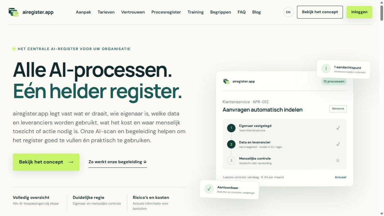 Screenshot van de openbare homepage van airegister.app