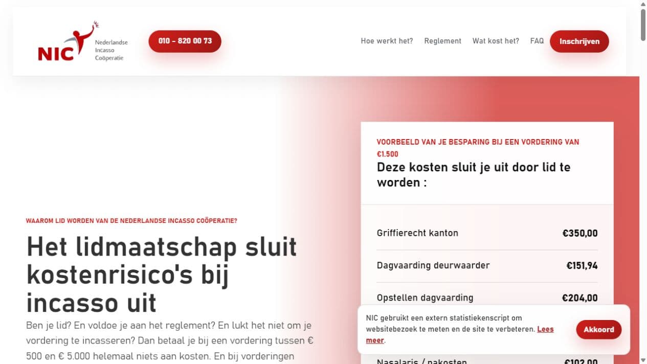 Screenshot van de openbare homepage van incassozonderkosten.nl
