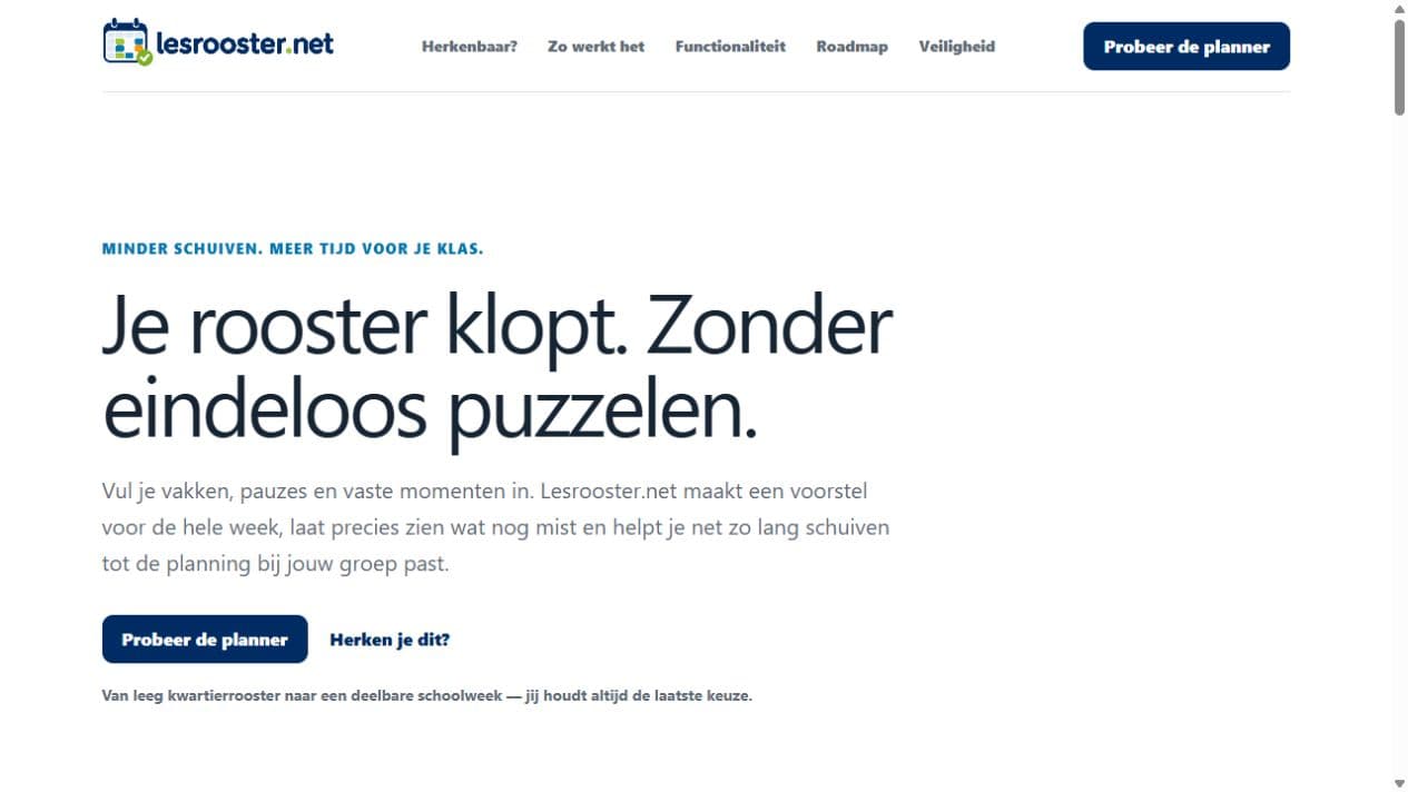 Screenshot van de openbare homepage van lesrooster.net