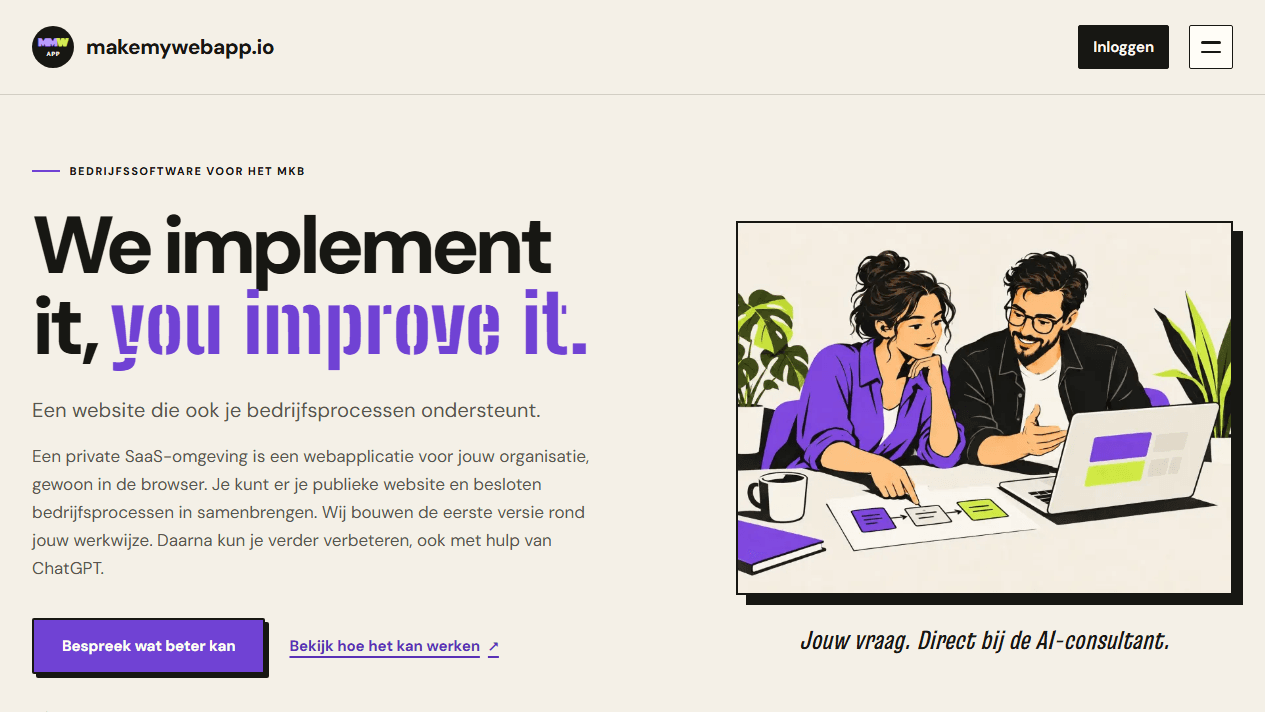 Screenshot van de openbare homepage van makemywebapp.io