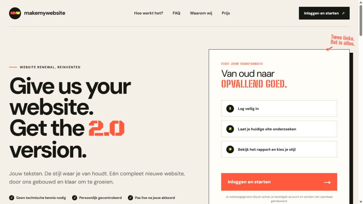 Screenshot van de openbare homepage van makemywebsite.io