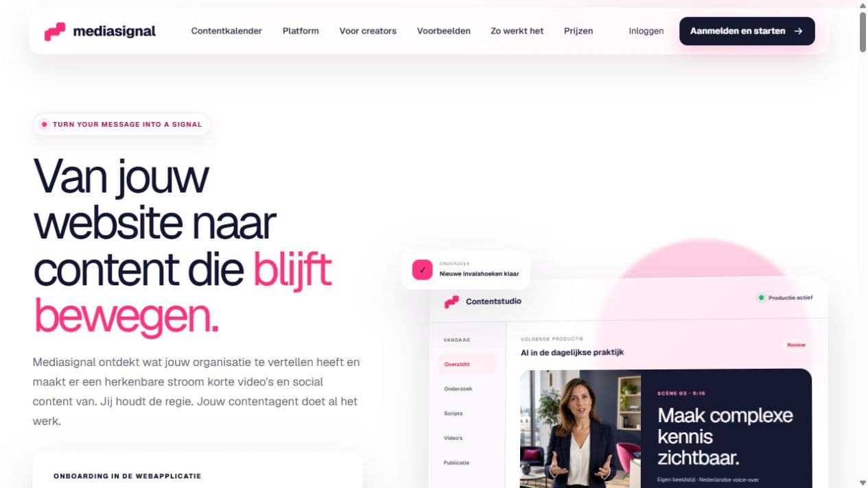 Screenshot van de openbare homepage van mediasignal.io
