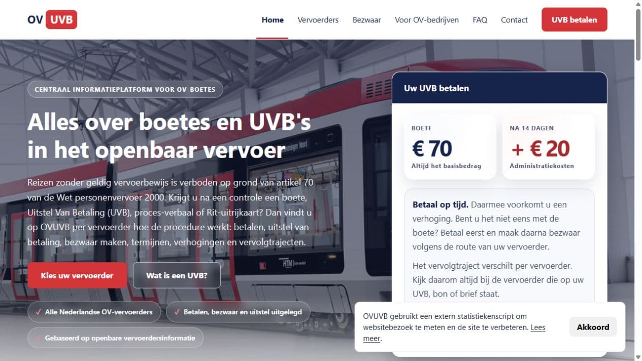 Screenshot van de openbare homepage van ovuvb.nl