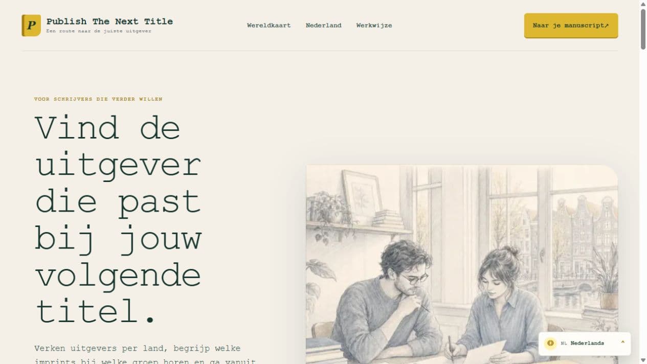 Screenshot van de openbare homepage van publishthenexttitle.com