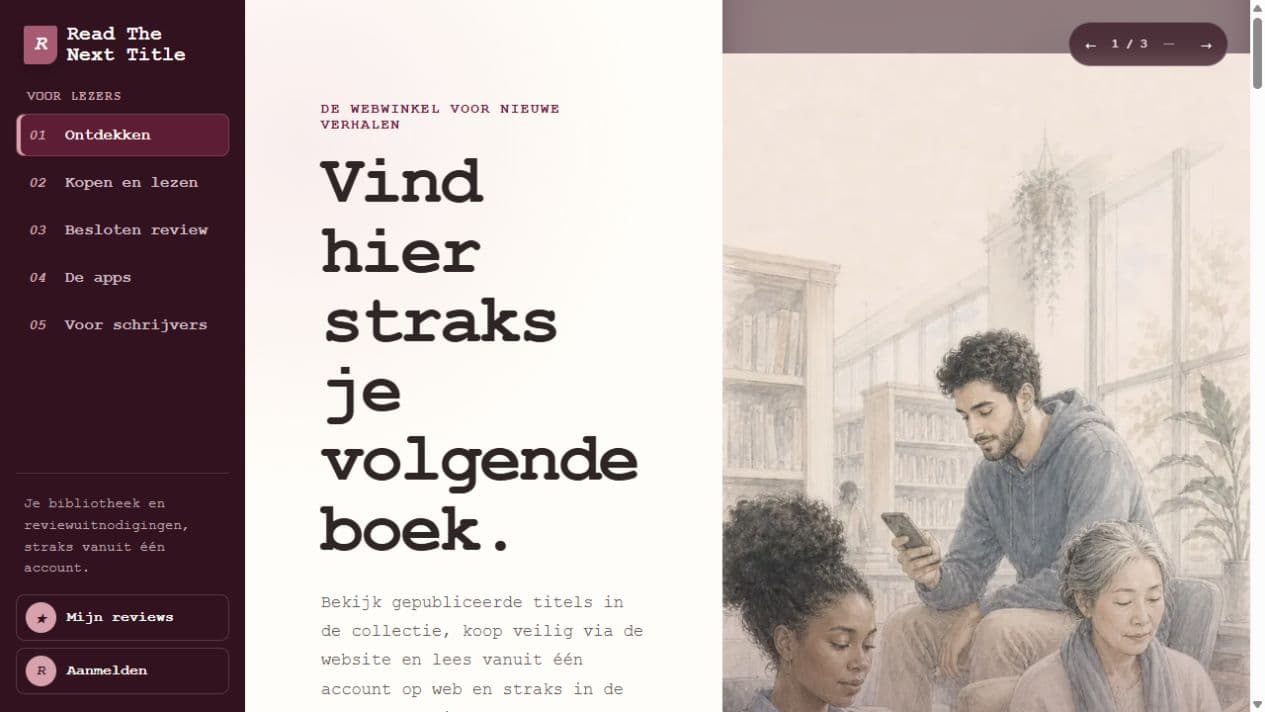 Screenshot van de openbare homepage van readthenexttitle.com