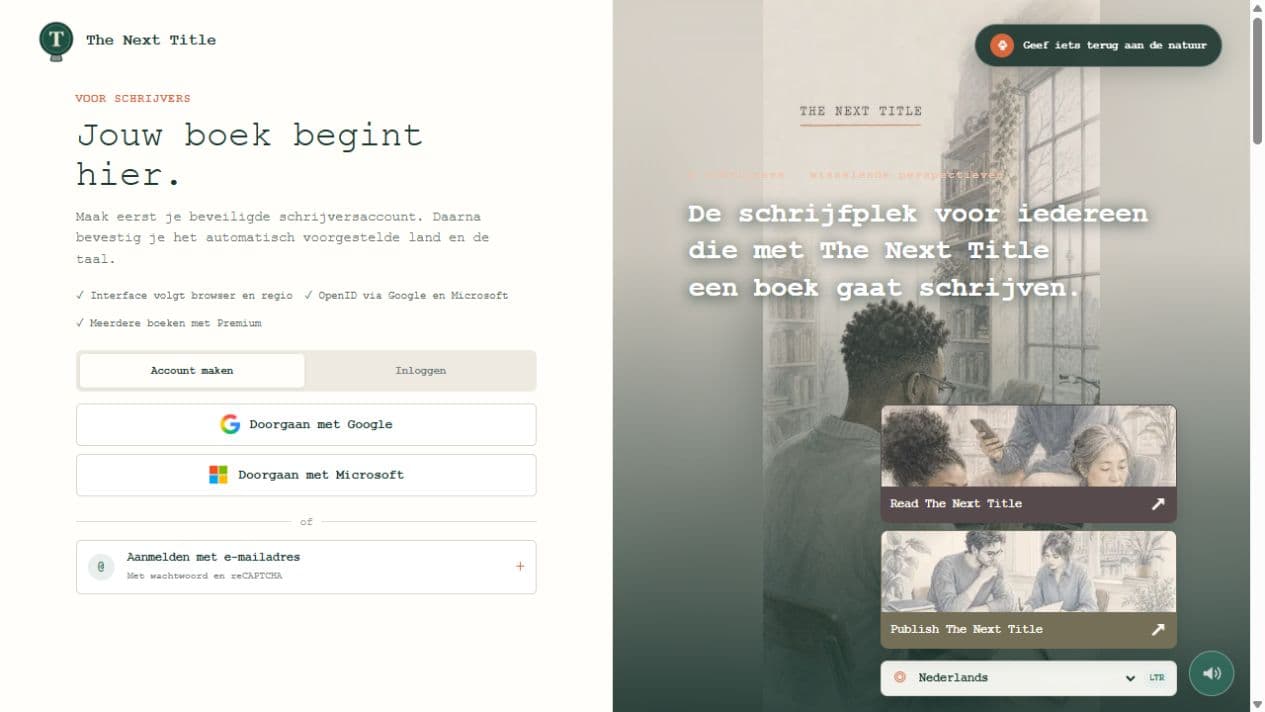 Screenshot van de openbare homepage van thenexttitle.com