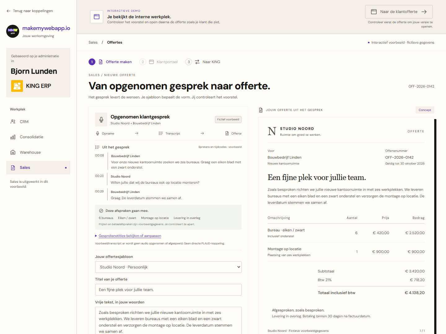 Een fictief gesprek als transcript naast een offerteconcept voor zes bureaus met montage.