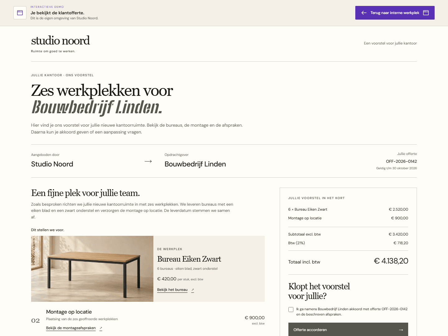 Voorbeeld van een Studio Noord-offerte voor Bouwbedrijf Linden, met productinformatie, montageafspraken en de keuze om akkoord te geven.