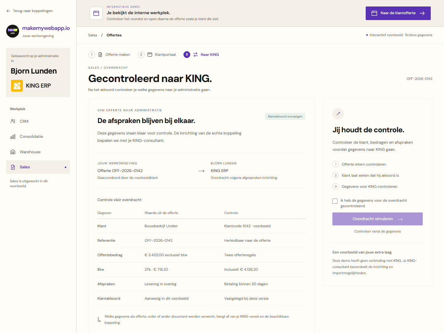 Voorbeeldscherm voor controle van klantgegevens, offerteregels en bedragen na klantakkoord, vóór overdracht naar KING ERP.